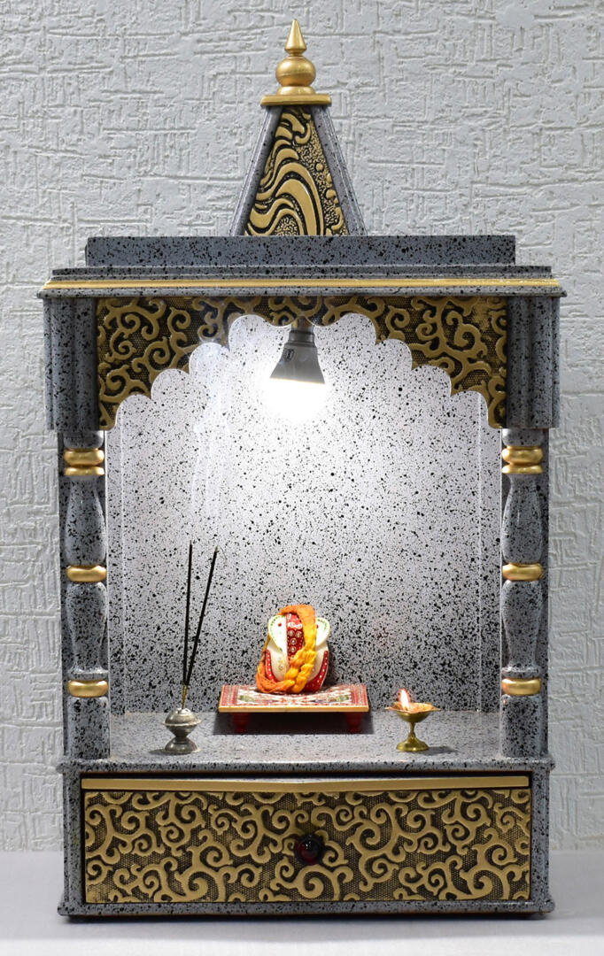Silver Pooja Temple/Mandir with Tray and One Drawer - Side Closed - Image 1